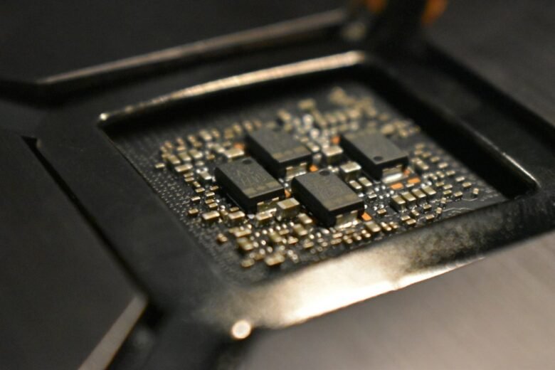 Close-up view of a semiconductor processor mounted on a circuit board