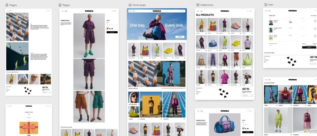 Shopify Canvas displaying several fashion store pages in one visual workspace. Image: Shopify.