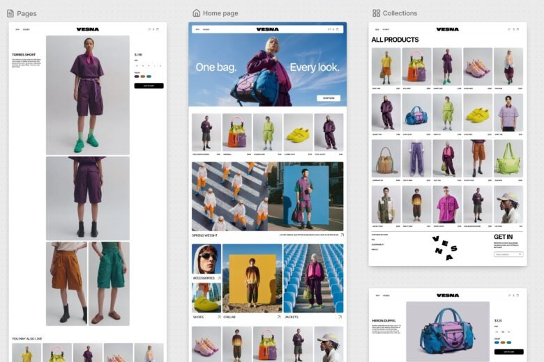 Shopify Canvas displaying several fashion store pages in one visual workspace. Image: Shopify.