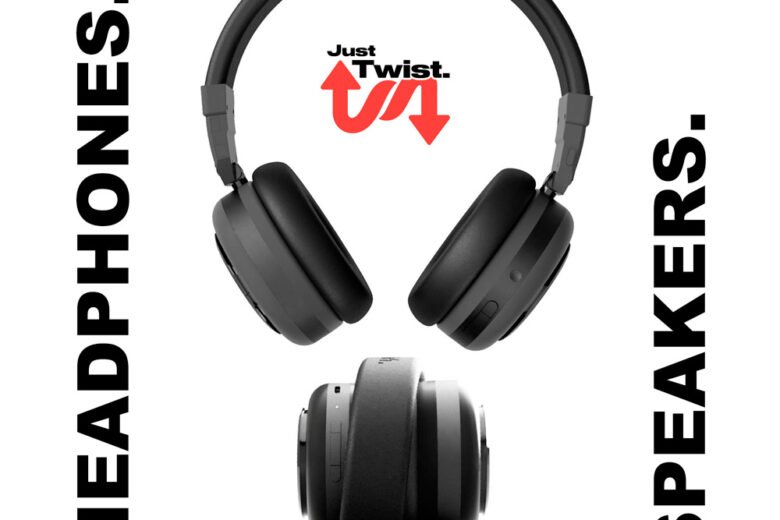TDM Neo shown as over-ear headphones and in its twisted portable-speaker form