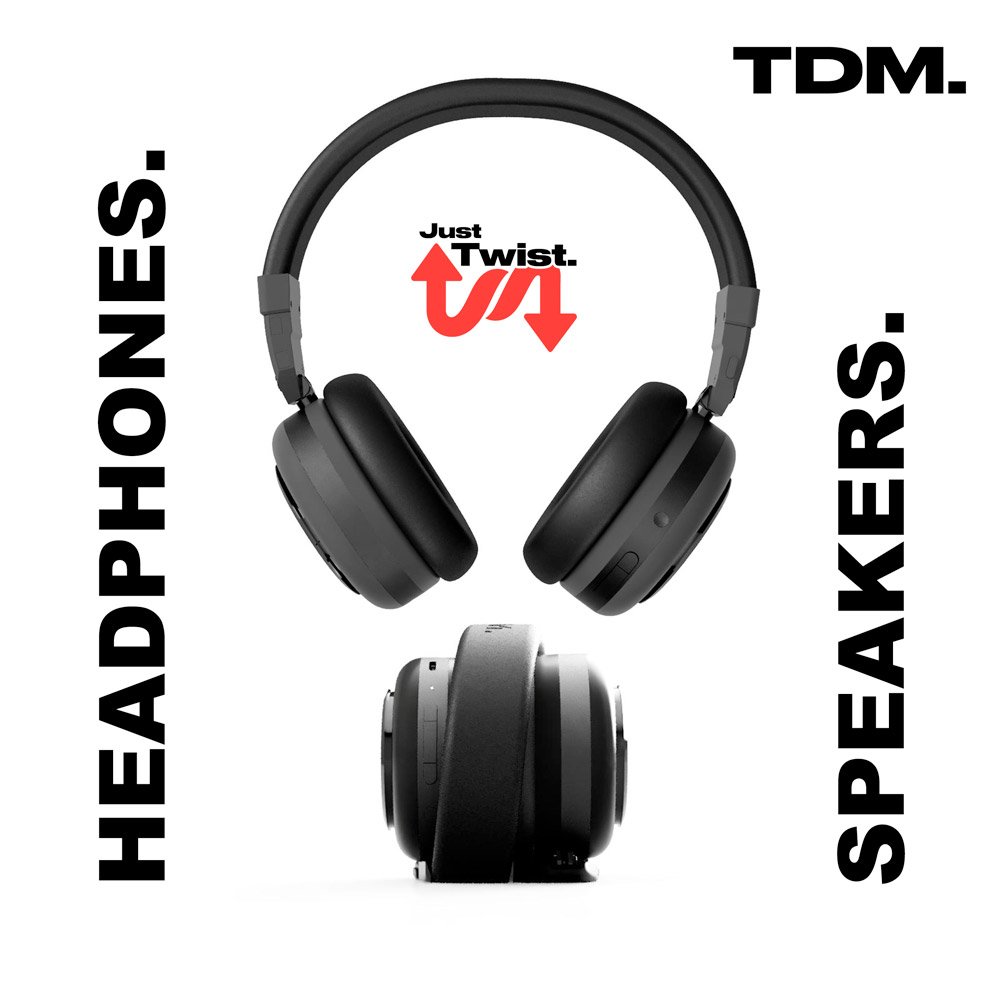 TDM Neo shown as over-ear headphones and in its twisted portable-speaker form