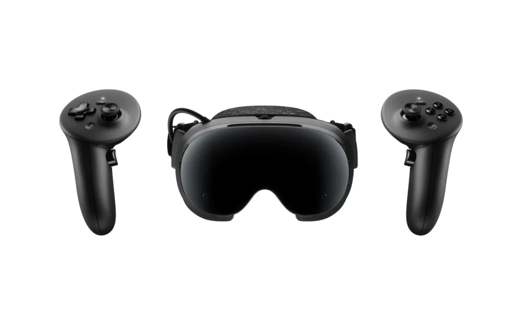 Valve Steam Frame VR headset displayed beside its two wireless controllers