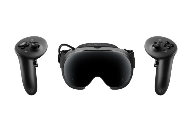Valve Steam Frame VR headset displayed beside its two wireless controllers