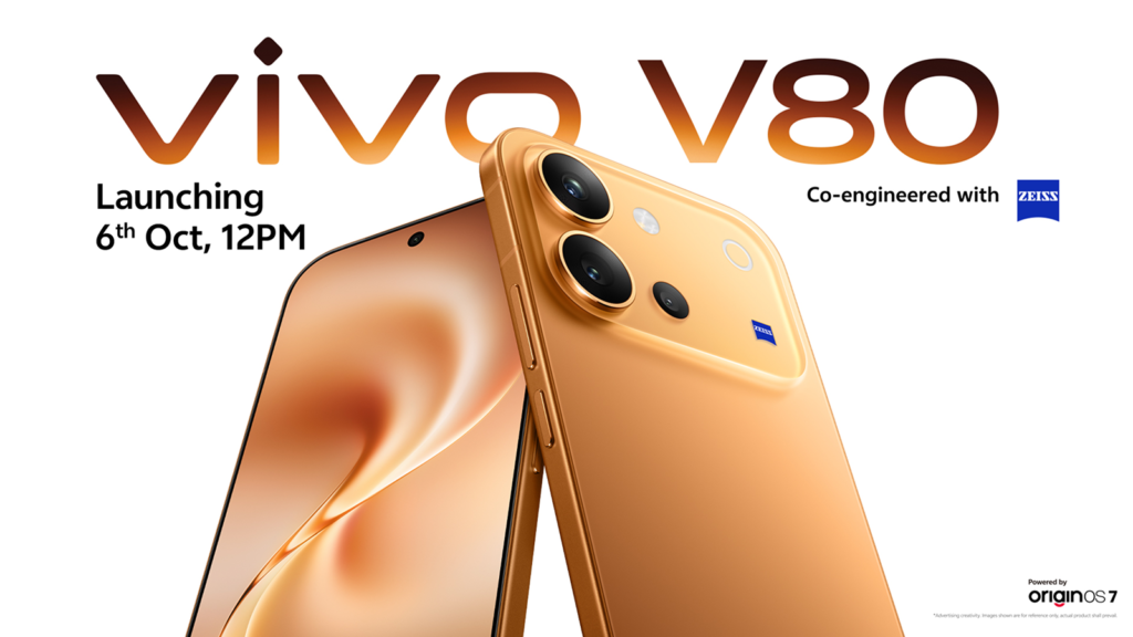 Official Vivo V80 promotional image showing the Sunrise Anthem phone, ZEISS camera branding, OriginOS 7 and the October 6 launch time. Image: Vivo India.