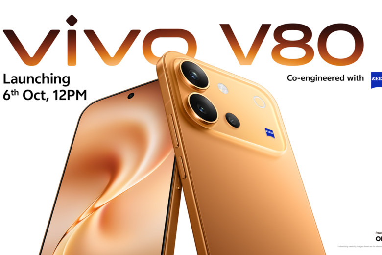 Official Vivo V80 promotional image showing the Sunrise Anthem phone, ZEISS camera branding, OriginOS 7 and the October 6 launch time. Image: Vivo India.