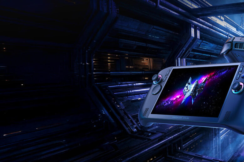 Acer Predator Atlas 8 gaming handheld shown from the front and rear