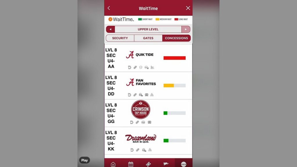 Alabama Athletics app dashboard displays color-coded live wait-time indicators for stadium gates and concessions