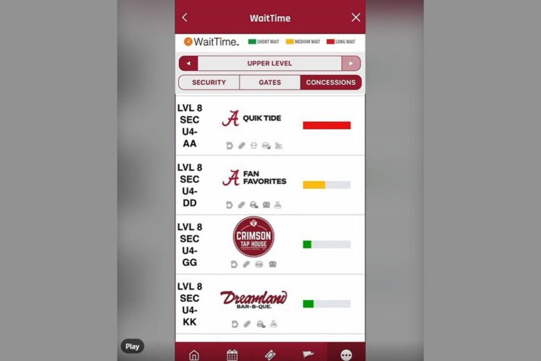 Alabama Athletics app dashboard displays color-coded live wait-time indicators for stadium gates and concessions