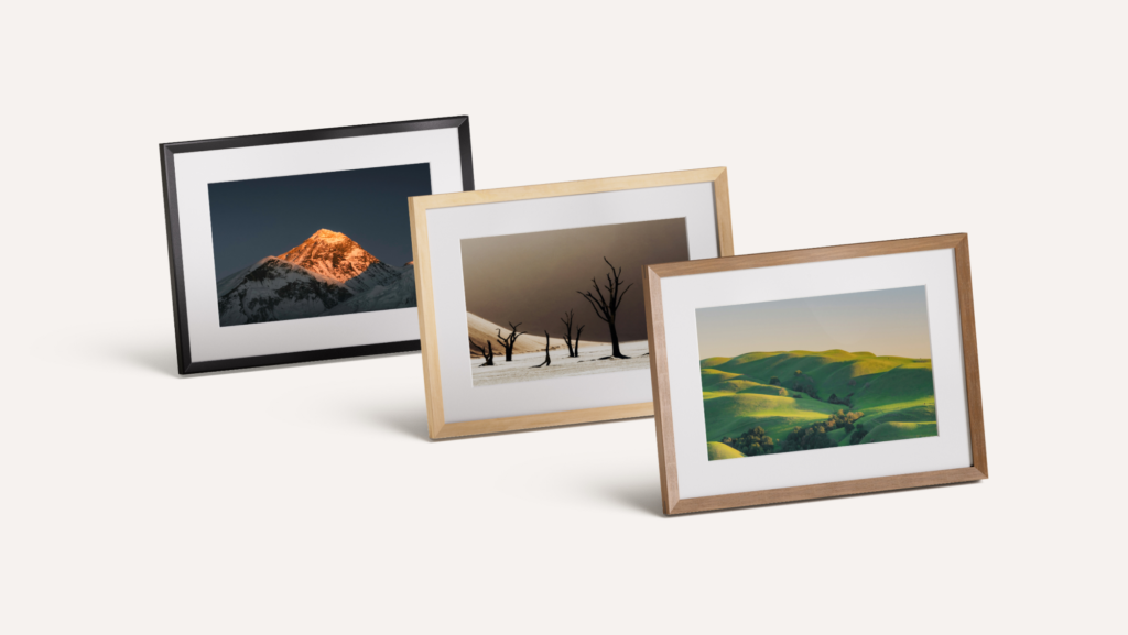 Three Amazon Alexa Photo Frames in black, birch and walnut finishes