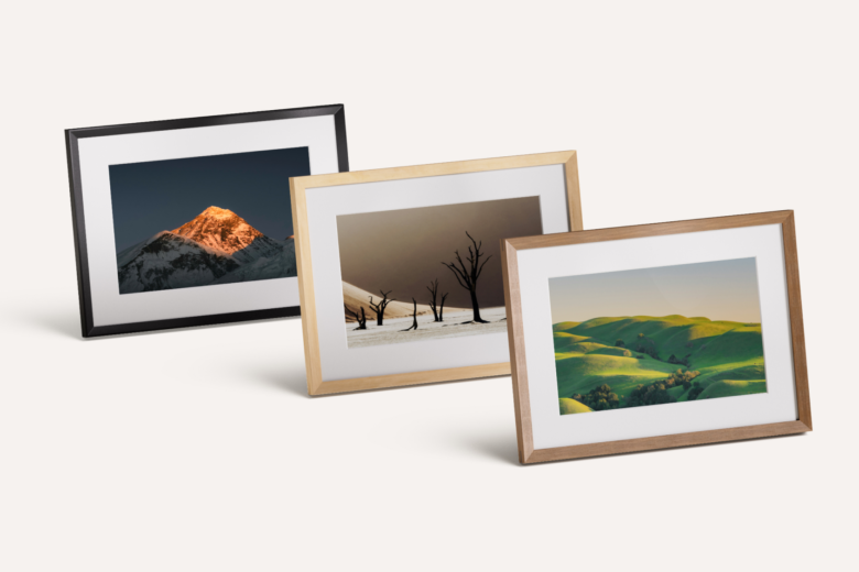 Three Amazon Alexa Photo Frames in black, birch and walnut finishes