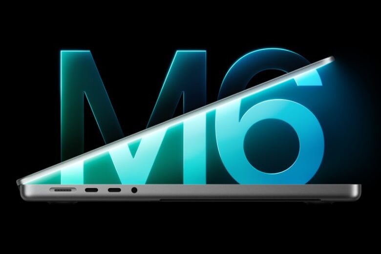 14-inch MacBook Pro with M6 shown partially open beside a glowing M6 logo