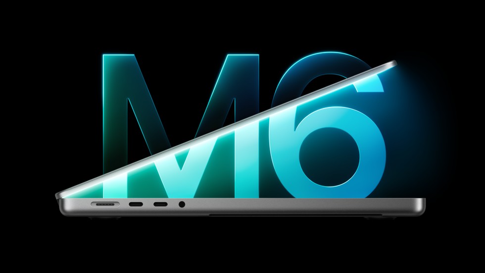 14-inch MacBook Pro with M6 shown partially open beside a glowing M6 logo