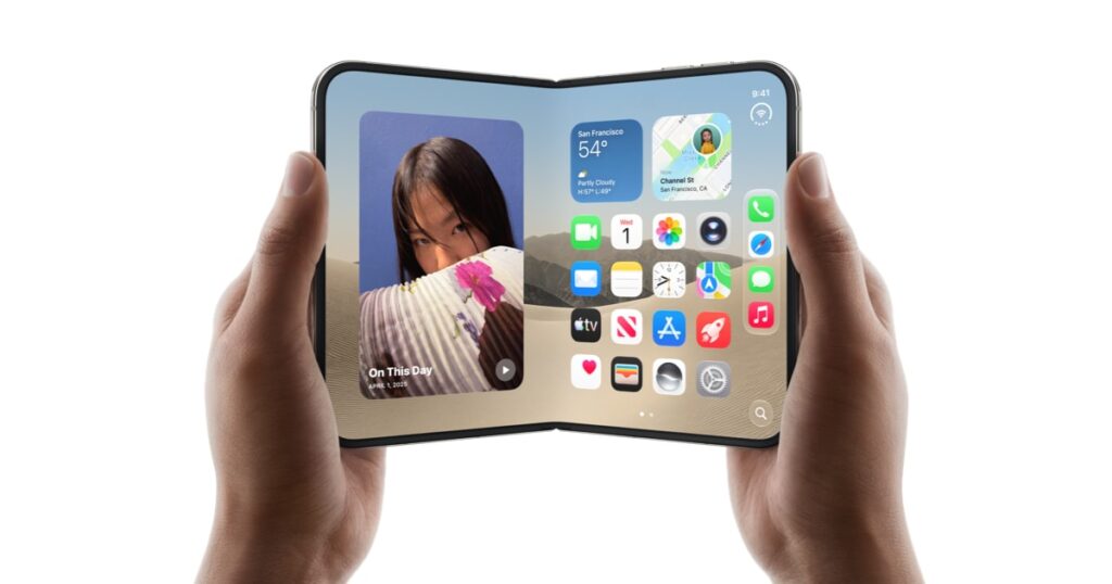 Apple iPhone Duo unfolded in two hands, showing its wide 7.6-inch inner display