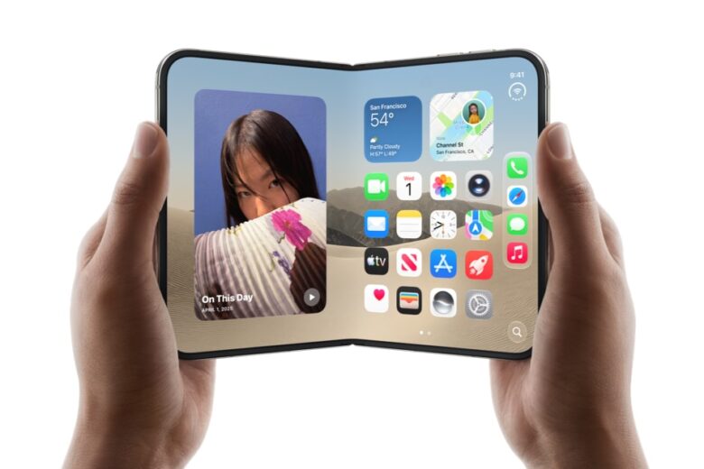 Apple iPhone Duo unfolded in two hands, showing its wide 7.6-inch inner display