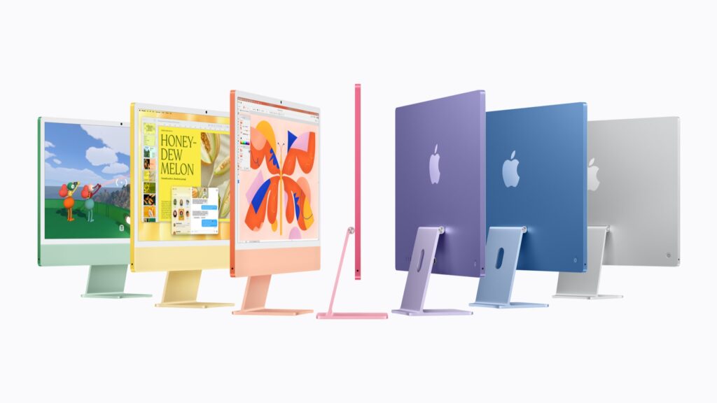 Apple M6 iMac shown from the front, side and rear in seven colors