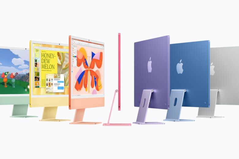 Apple M6 iMac shown from the front, side and rear in seven colors