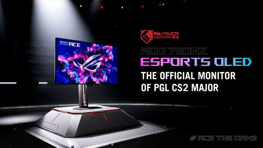ASUS ROG Swift OLED PG259QWS Ace gaming monitor displayed on a PGL CS2 Major stage