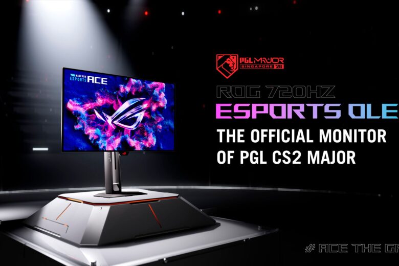 ASUS ROG Swift OLED PG259QWS Ace gaming monitor displayed on a PGL CS2 Major stage