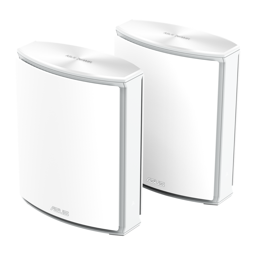 Two white ASUS ZenWiFi BN12 mesh routers on a black background