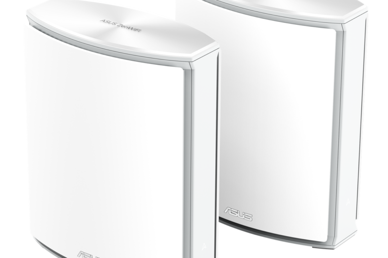 Two white ASUS ZenWiFi BN12 mesh routers on a black background