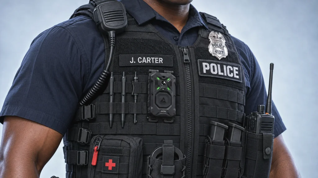 Axon Body 5 and Body 5 Pro body-worn cameras on a dark background