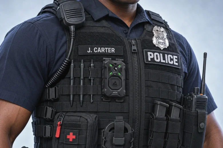 Axon Body 5 and Body 5 Pro body-worn cameras on a dark background