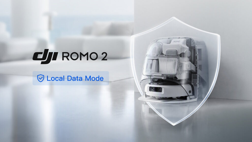 DJI ROMO 2 robot vacuum and base station inside a shield graphic promoting Local Data Mode
