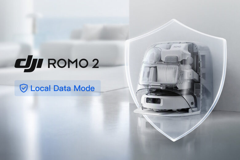 DJI ROMO 2 robot vacuum and base station inside a shield graphic promoting Local Data Mode