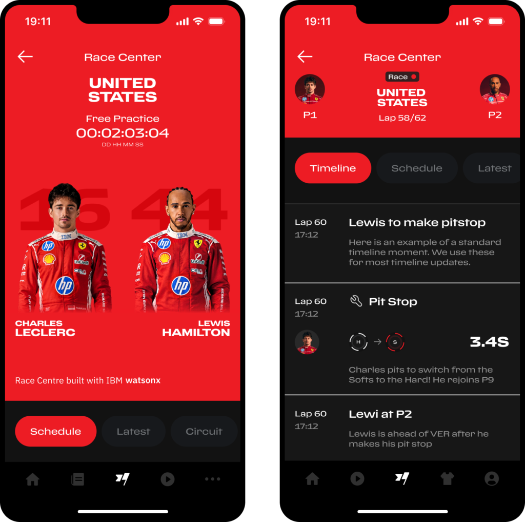 Two Scuderia Ferrari app Race Center screens for the United States Grand Prix showing Charles Leclerc and Lewis Hamilton