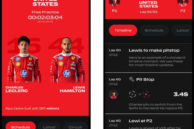 Two Scuderia Ferrari app Race Center screens for the United States Grand Prix showing Charles Leclerc and Lewis Hamilton