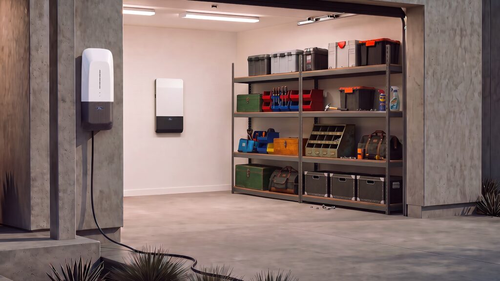 Ford Fathom electric truck connected to a home power system in a garage