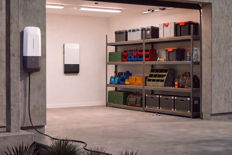 Ford Fathom electric truck connected to a home power system in a garage