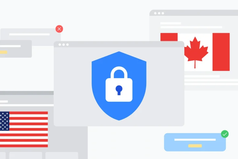 Blue shield with a lock in front of U.S. and Canadian flag symbols
