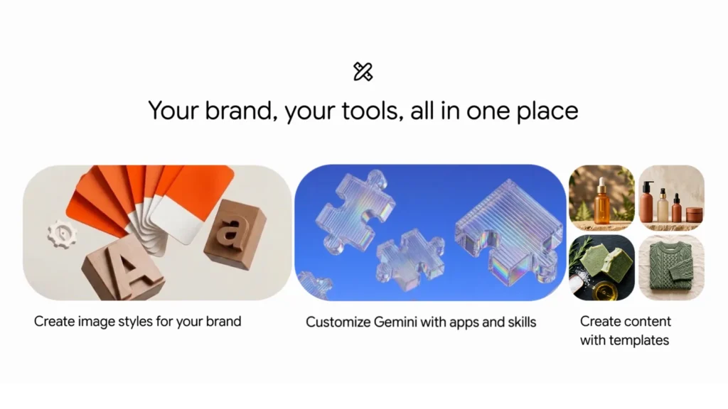 Google Gemini small-business tools banner showing brand styles, connected apps and content templates