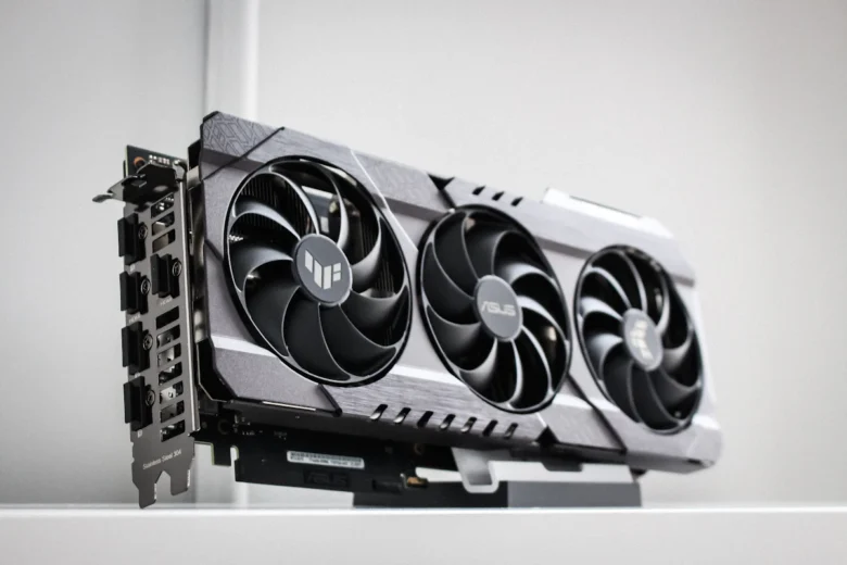 Illustrative three-fan graphics card; not the hardware from AMD’s lighting experiment