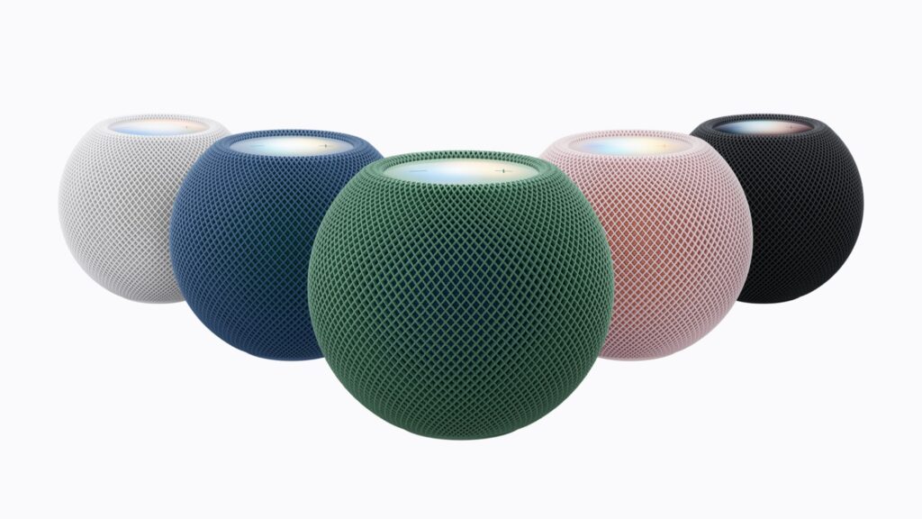 Apple HomePod mini 2 speakers in white, blue, green, pink, and midnight