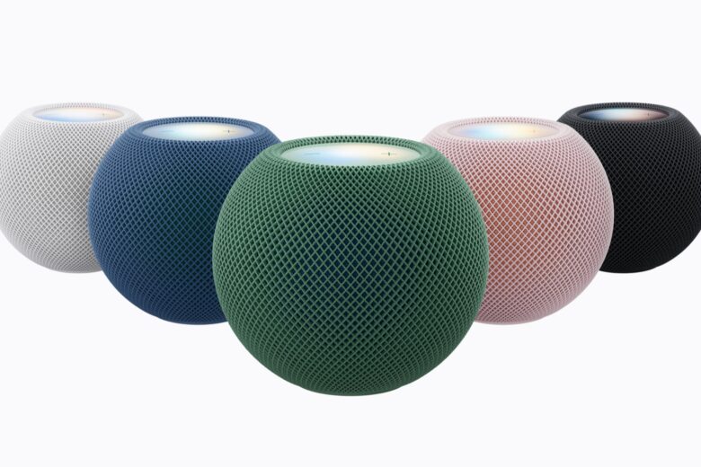 Apple HomePod mini 2 speakers in white, blue, green, pink, and midnight