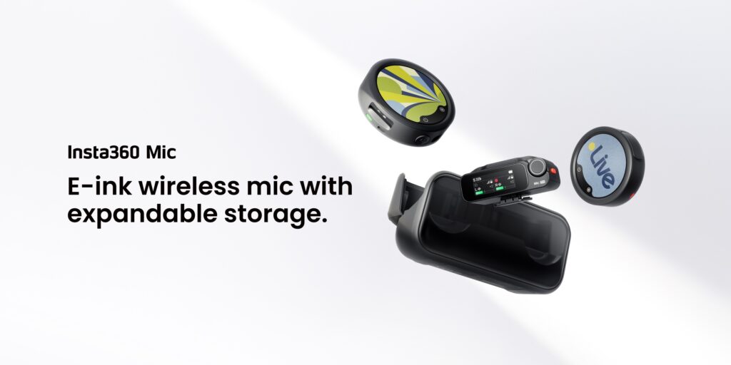 Insta360 Mic wireless microphone kit with two E-Ink transmitters, receiver and charging case