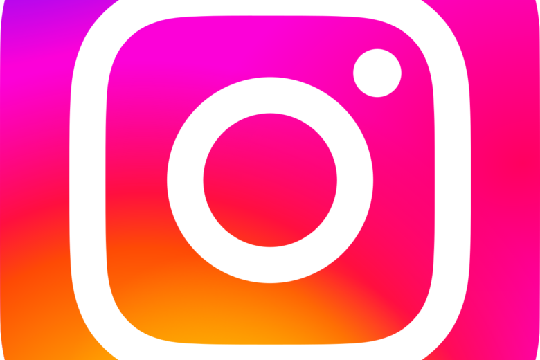 Instagram logo on a pink, purple and orange gradient background