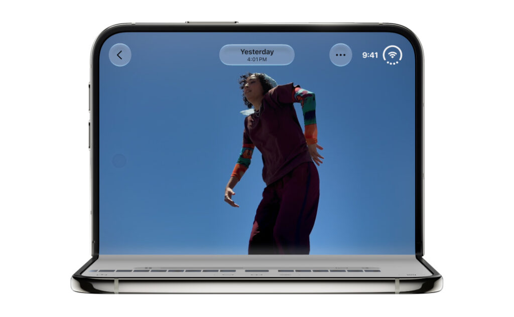 Apple iPhone Duo folded into a tabletop position with its outer display visible