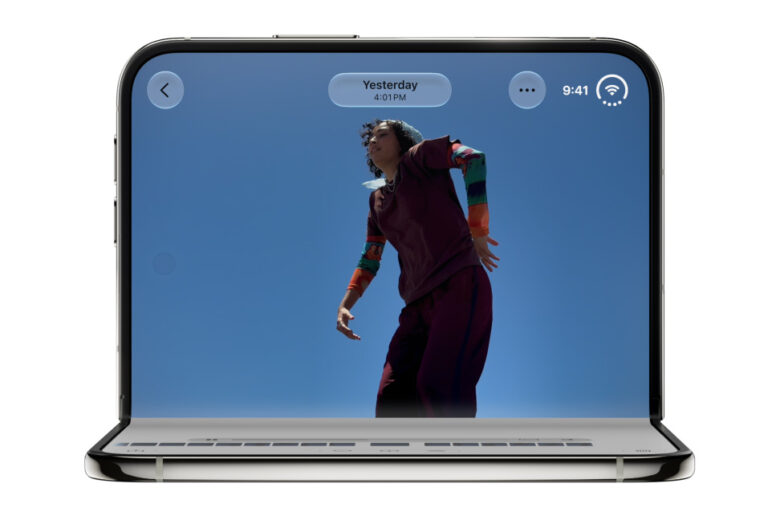 Apple iPhone Duo folded into a tabletop position with its outer display visible