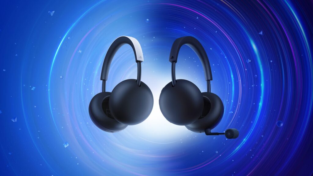 White and Midnight Black PlayStation Pulse and Pulse Edge wireless headsets on a blue background
