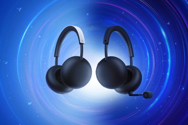 White and Midnight Black PlayStation Pulse and Pulse Edge wireless headsets on a blue background