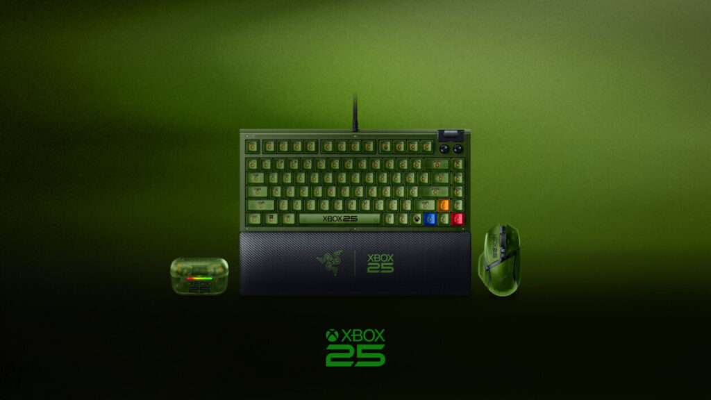 Razer Xbox 25 Anniversary keyboard, mouse and wireless earbuds in translucent green