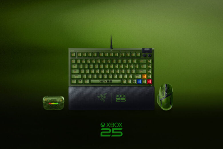 Razer Xbox 25 Anniversary keyboard, mouse and wireless earbuds in translucent green
