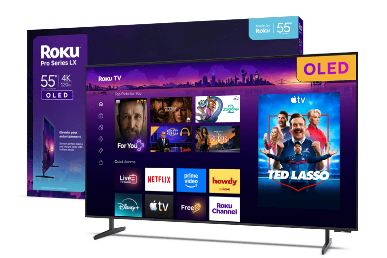 Roku 55-inch Pro Series LX OLED television shown with its retail box