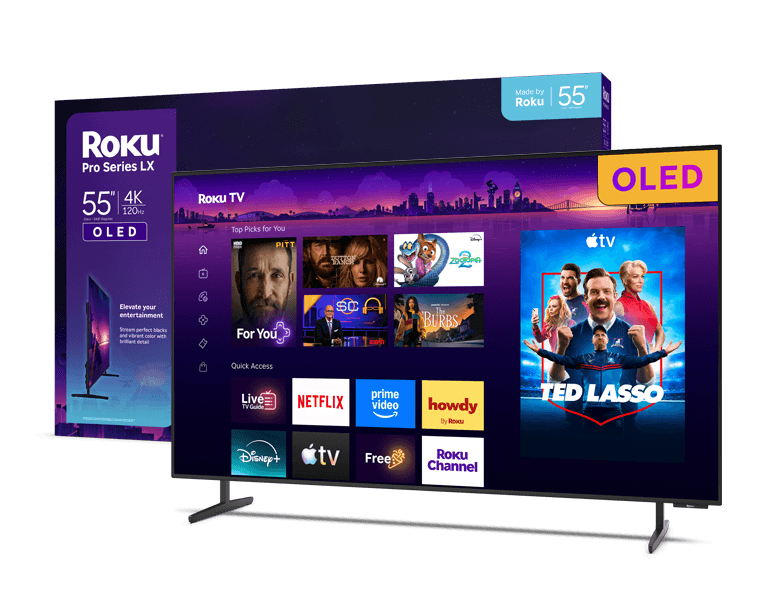 Roku 55-inch Pro Series LX OLED television shown with its retail box