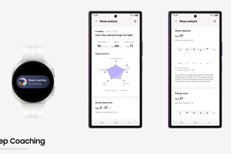 Samsung Health Sleep Coaching screens showing daily guidance, sleep habits and the five-part Sleep Balance chart