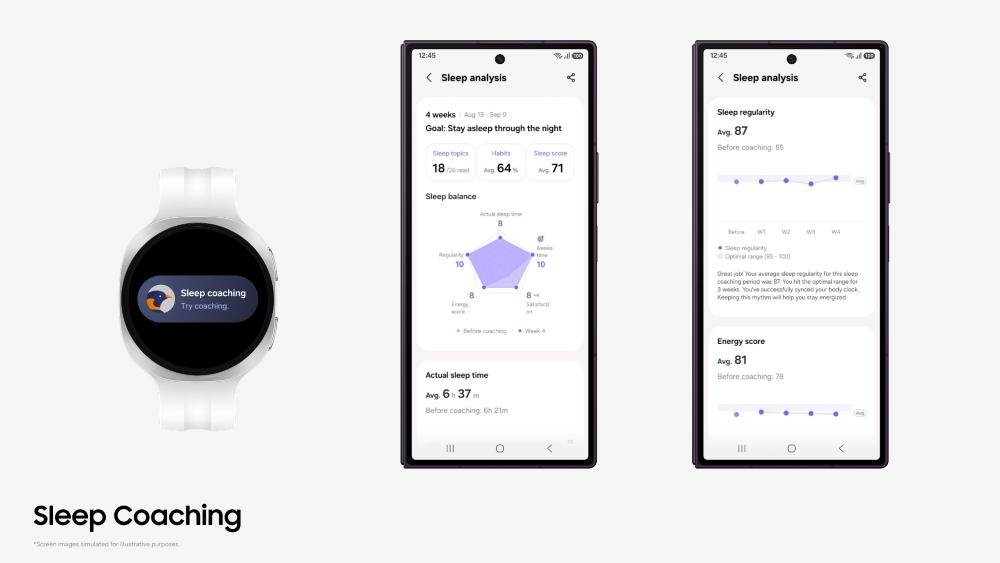Samsung Health Sleep Coaching screens showing daily guidance, sleep habits and the five-part Sleep Balance chart