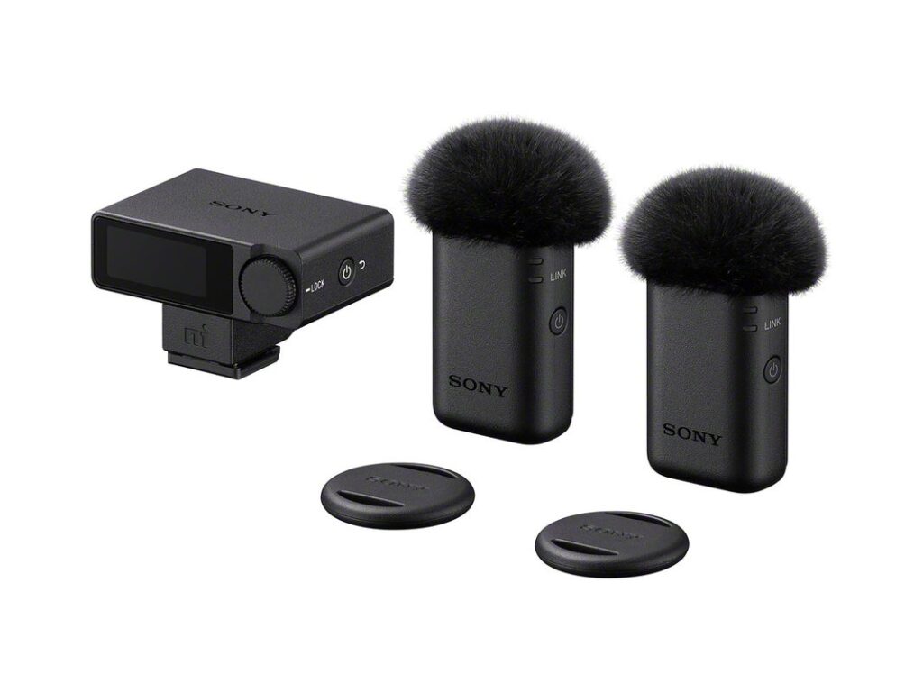 Sony ECM-W5 wireless microphone receiver and two transmitters fitted with furry windscreens